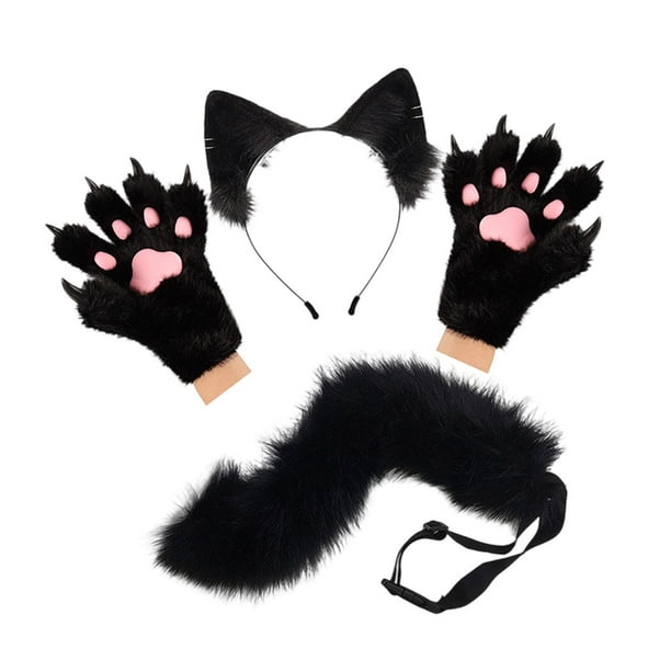 Conjunto de diadema con orejas de animal y guantes de cola para disfrazarse de una hermosa cola larga para fiestas temáticas. Negro