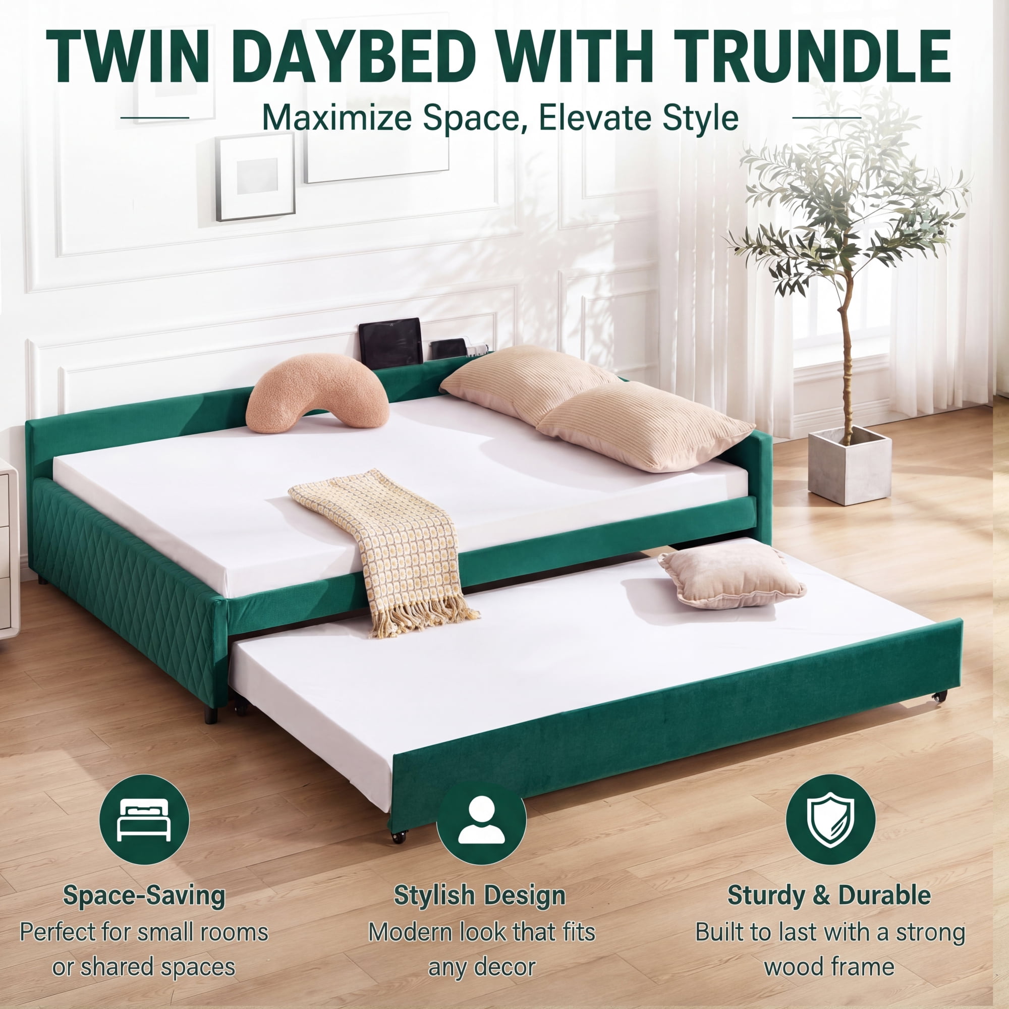 Leumius Upholstered Daybed with Trundle,Sturdy Wooden Bed Frame, Modern Diamond Grid Design for Bedroom Guest Room (Emerald)
