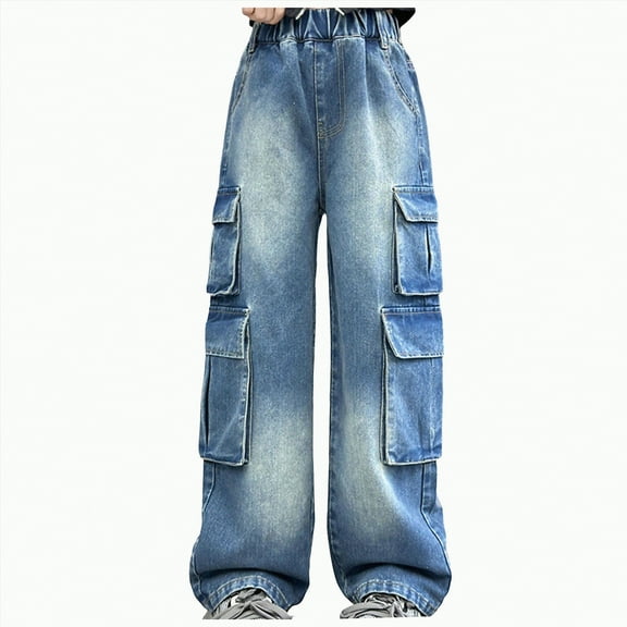 Ccpelsie Baggy Jeans for Girls Ripped Wide Leg Denim Cargo Pants Y2k Kids Cute Clothes(Blue,4-5 Years)