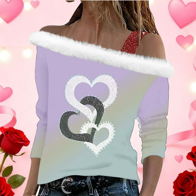 Xuyuer Valentine Shirt Women Love Heart Graphic Sloping Shoulder Suspender Shirt Funny Valentine's Day Gift Shirts Love Tops