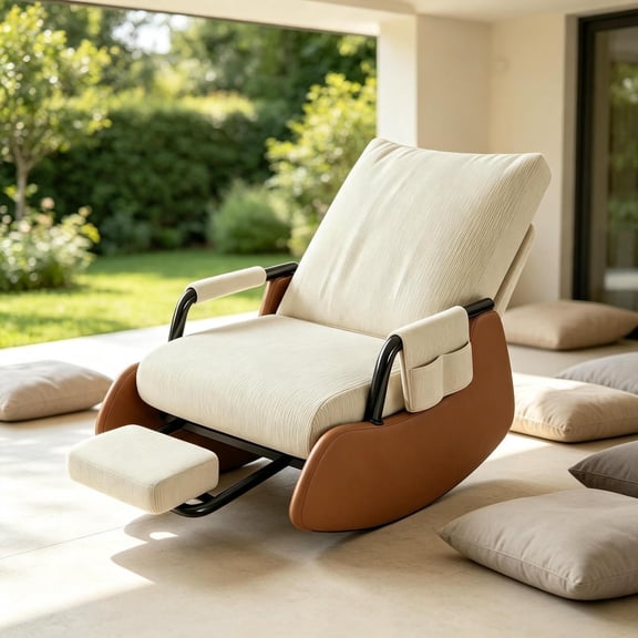 Gliding Rocking Chair with Ottoman, 3Position Adjustable Recliner Foldable Indoor Glider Rocker for Bedroom Living Room Balcony, Beige Brown Corduroy Lounge Chair