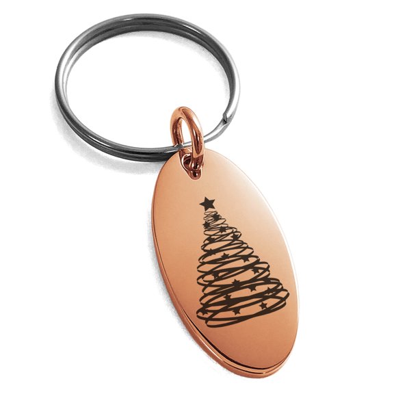 Gold Plated Stainless Steel Spiral Ribbon Christmas Tree Engraved Small Oval Charm Keychain Keyring