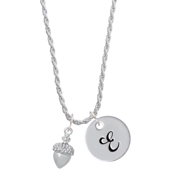 Delight Jewelry Silvertone Small Acorn with Crystals Silvertone Script Initial Disc - E - Charm Necklace, 20"+3"