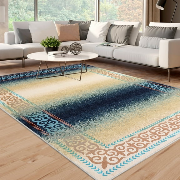 Garvee Modern Bordered 8'x10' Area Rugs Ombre Non-Slip Washable Rugs for Living Room Bedroom Foldable Soft Rug Low Pile Accent Rugs for Dining Room, Blue