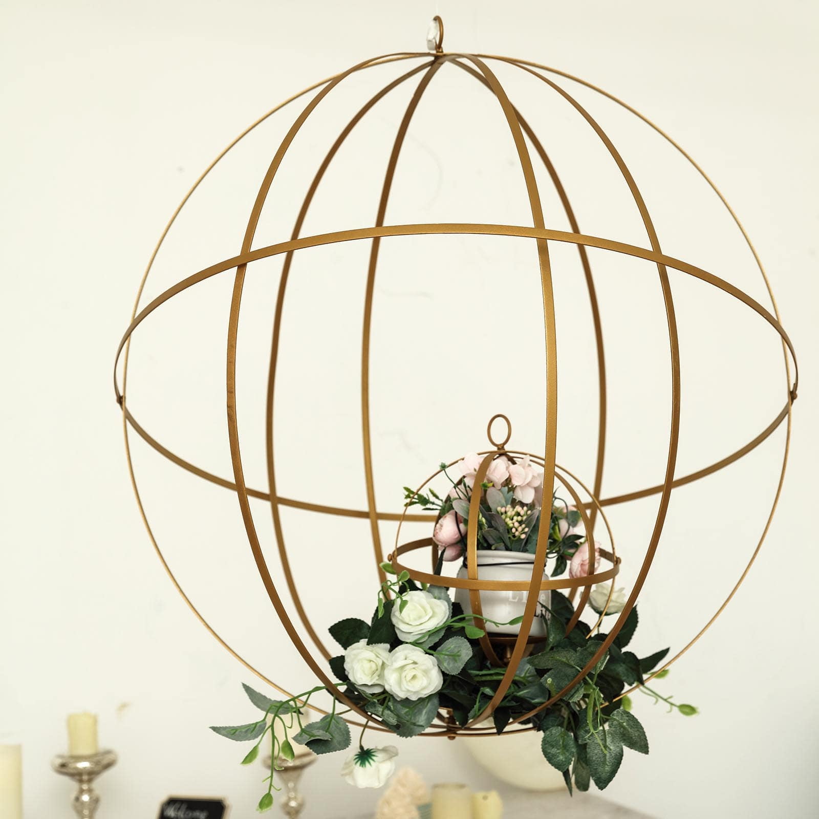 Efavormart Gold Foldable Metal Globe Ring Hanging Candle Holder Hanging