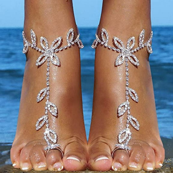 Vnanda 2Pcs Women's Foot Chain Barefoot Sandals Beach Wedding Jewelry Anklet with Rhinestone Toe Ring