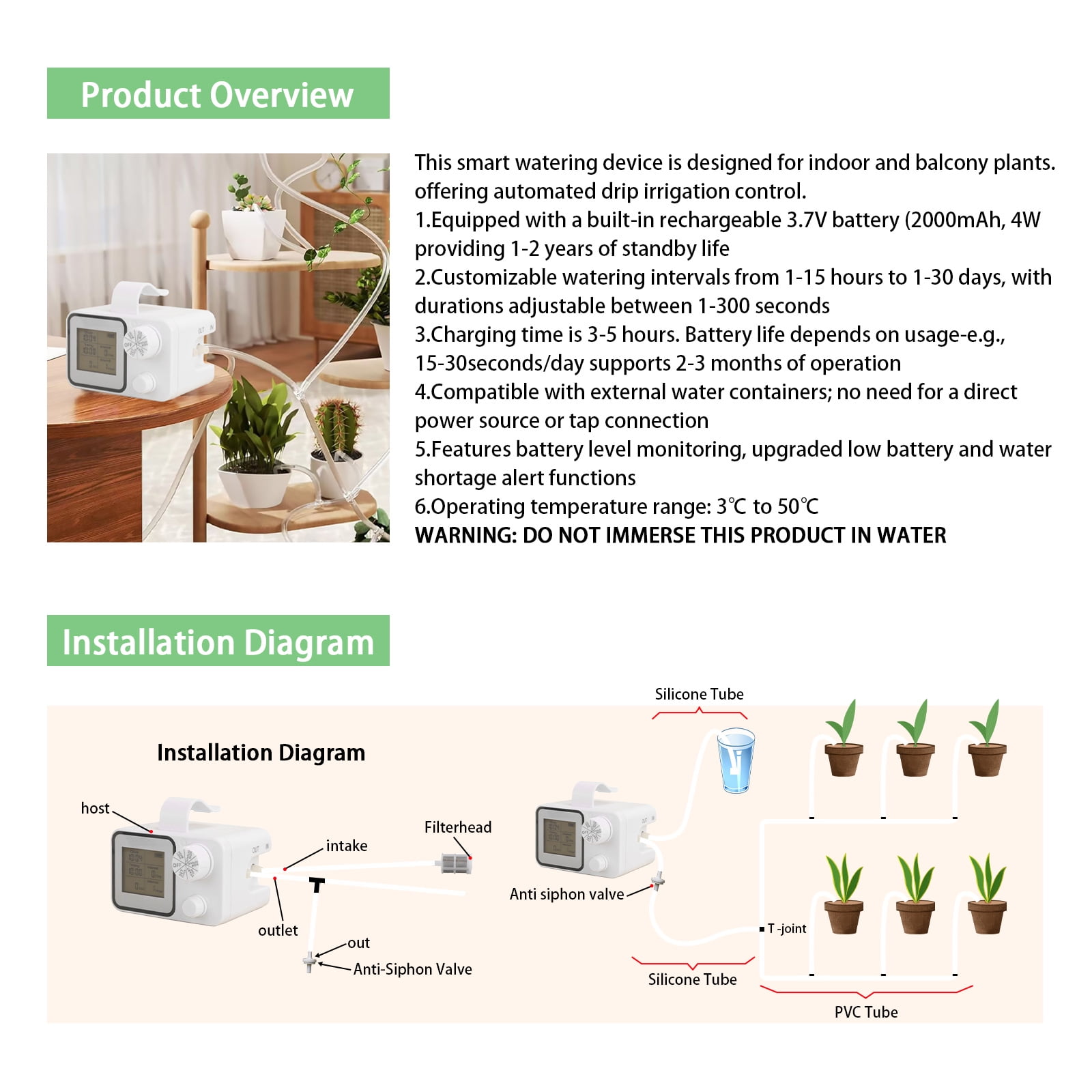 XZKING Automatic Plant Watering Device Rechargeable Drip Irrigation Watering System Kit DIY, 15 Potted Plants, Watering Timer for Vacation While Away