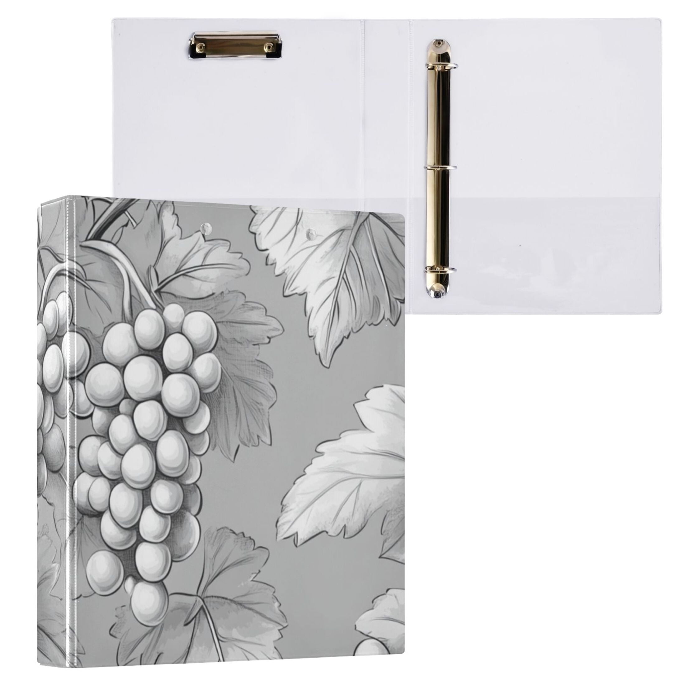 Gray Grapes Leaves 3 Ring Binders 1.5 inch Hardcover File Folders with Interior Pockets A4 Size Organizer for School Office Hospital Set of 2