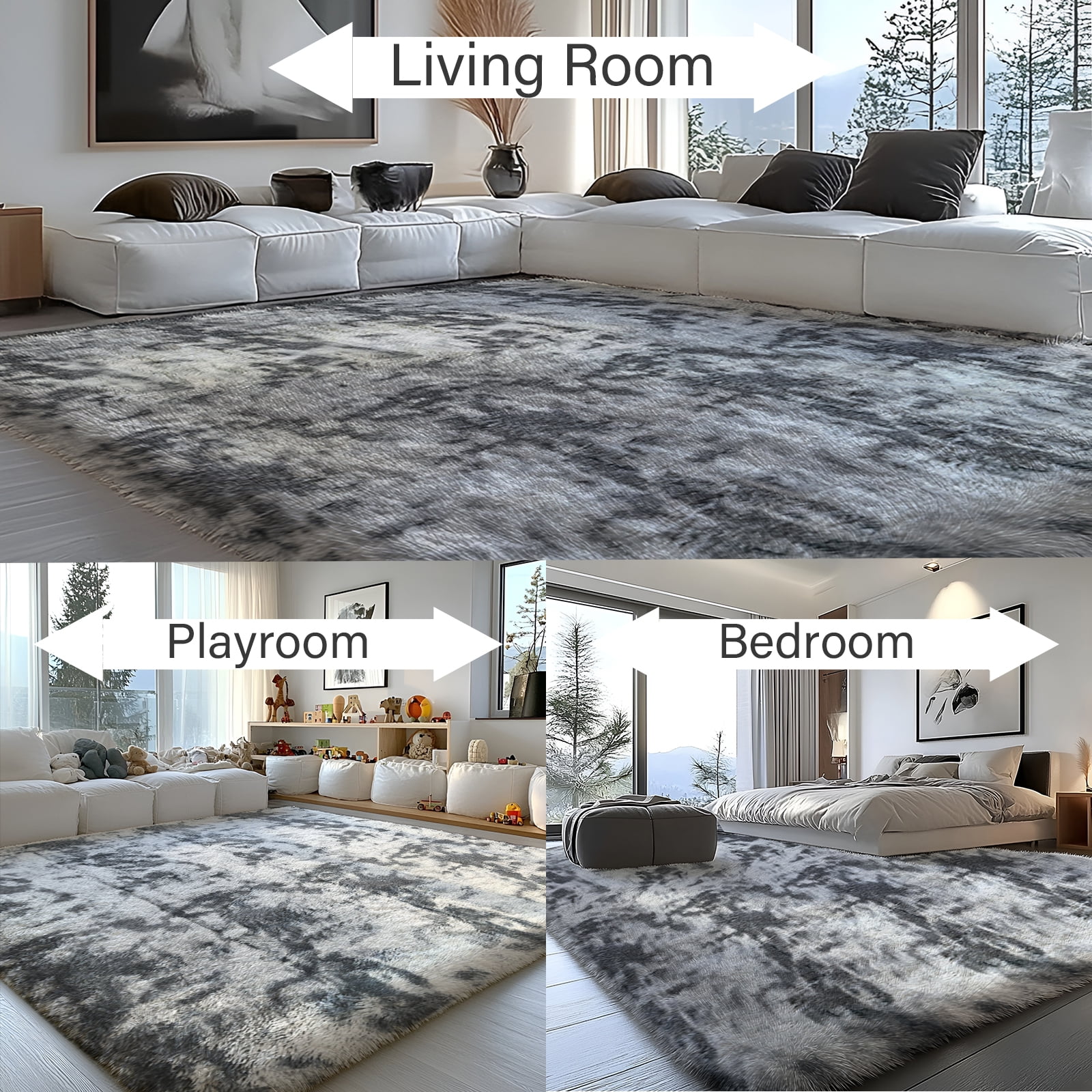 Pentantan 8’ x 10’ Shag Area Rugs, Soft Fluffy Indoor Carpet for Living Room Bedroom Decor, Tie-dyed Dark Gray