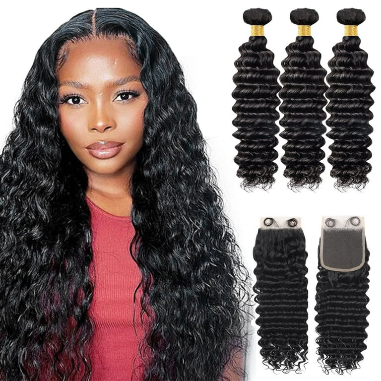 Deep Wave (10 12 14+10) Bundles with Closure Human Hair 3 Bundles Human Hair  with 4x4 Free Part and Frontal with Baby Hair HD Lace Closure Black Weave  Brazilian Virgin Curly Hair