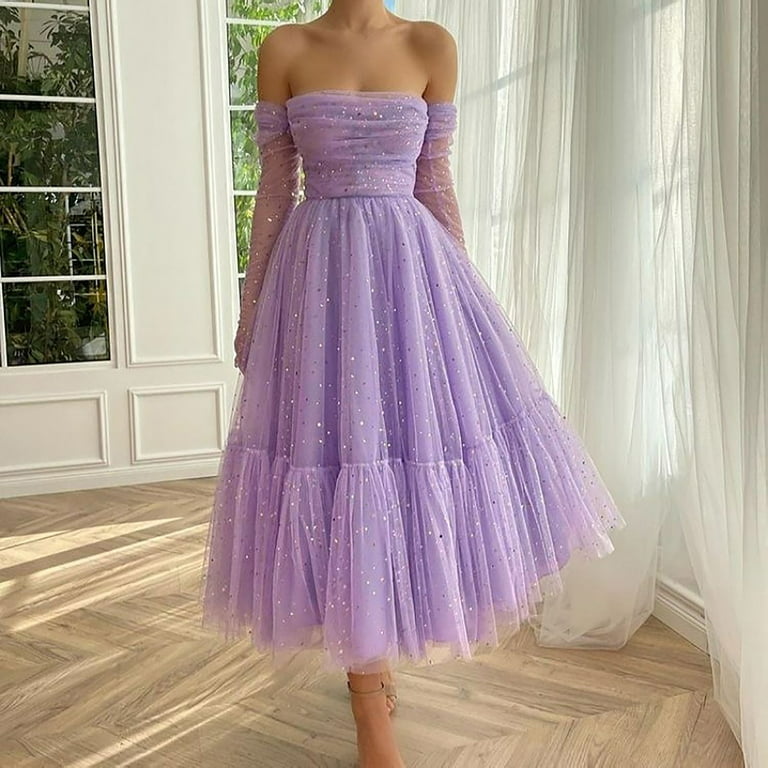 Tulle Dress for Women Formal Wedding Purple Sparkly Graduation Strapless  Tube Long Gown Evening Party Mesh Dress (Medium, Purple)