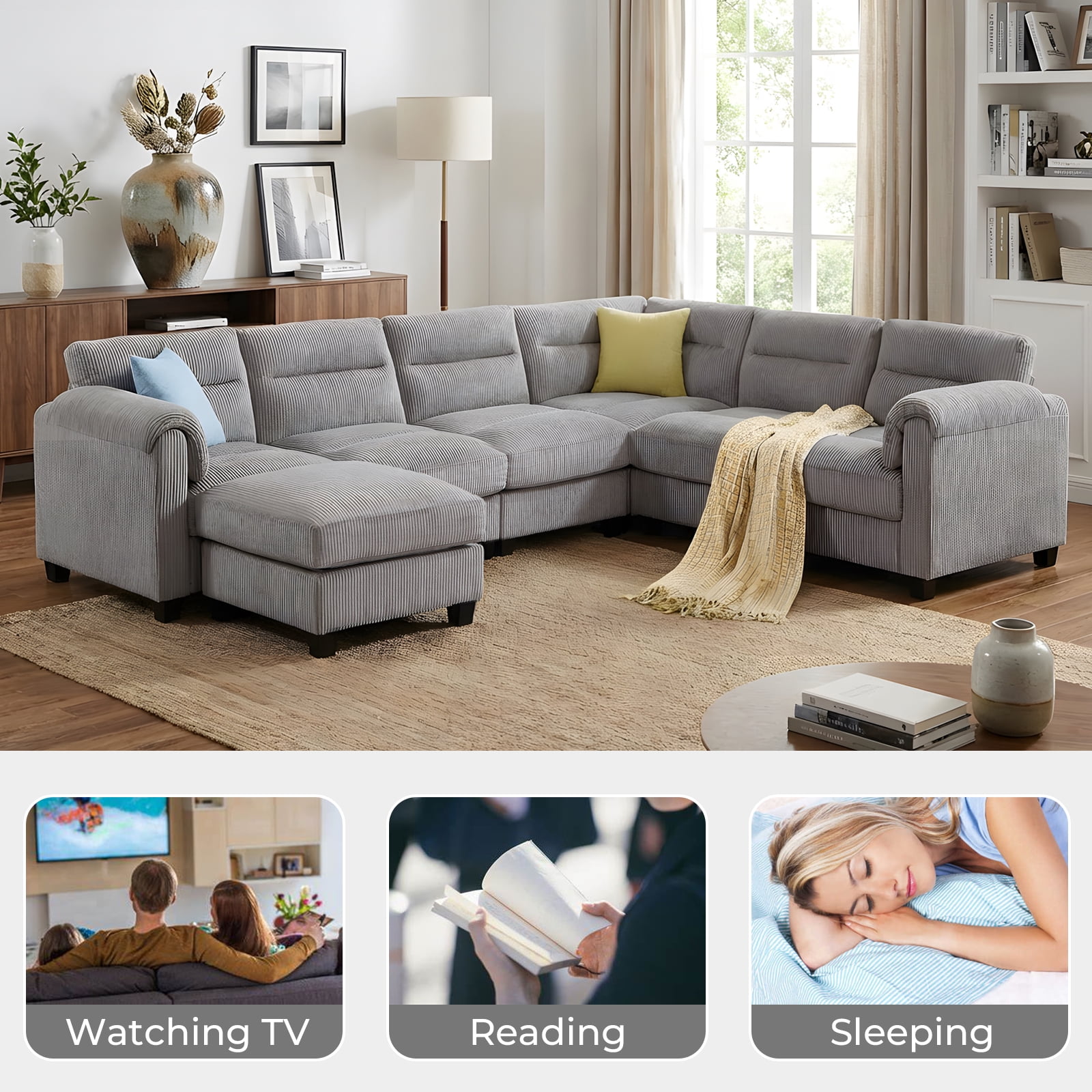 Bonzy Home Modular Plush Convertible Sectional Sofa with Ottoman, Gray