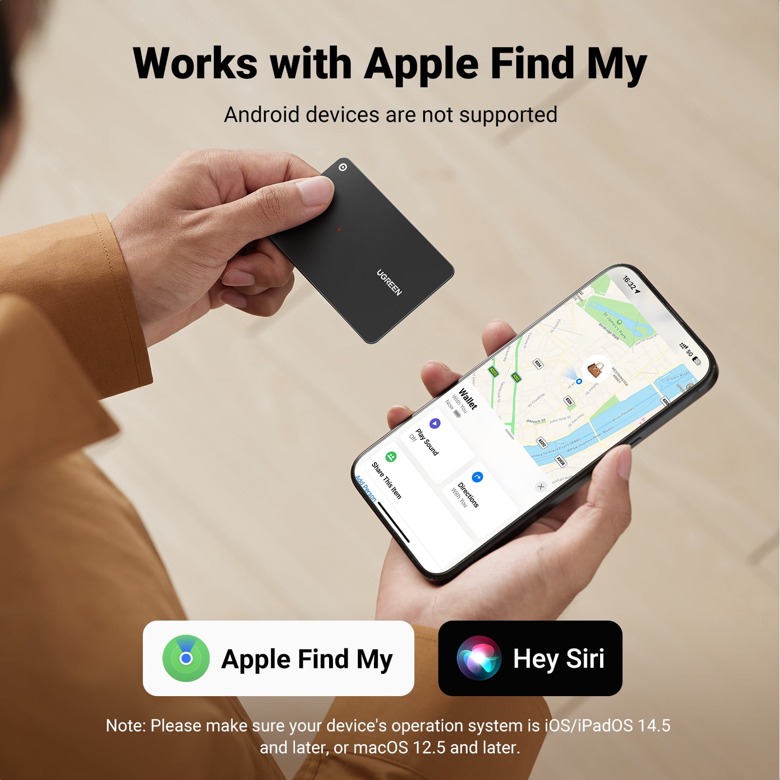 UGREEN FineTrack Slim Wallet Tracker Card, Compatible with iOS, Compatible with Apple Find My, 0.07in Ultra-Thin, 1-Year Battery