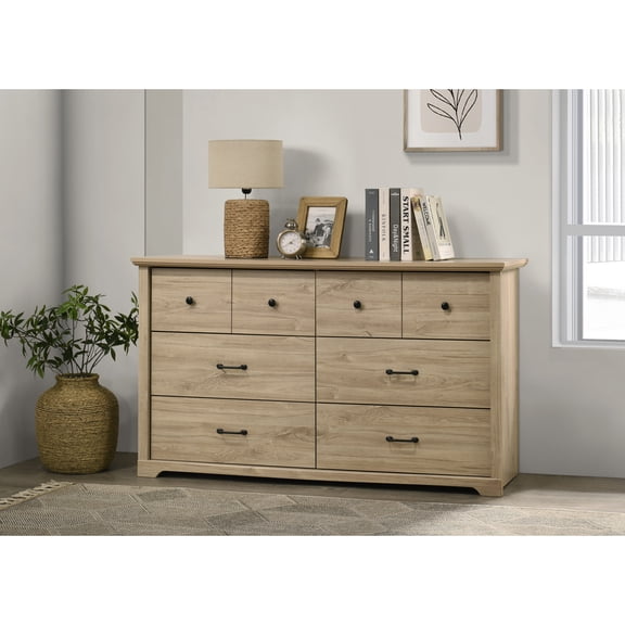 Miekor Furniture Elara 57" W Light Oak Finish 6-Drawer Dresser with Black Handles MK8794