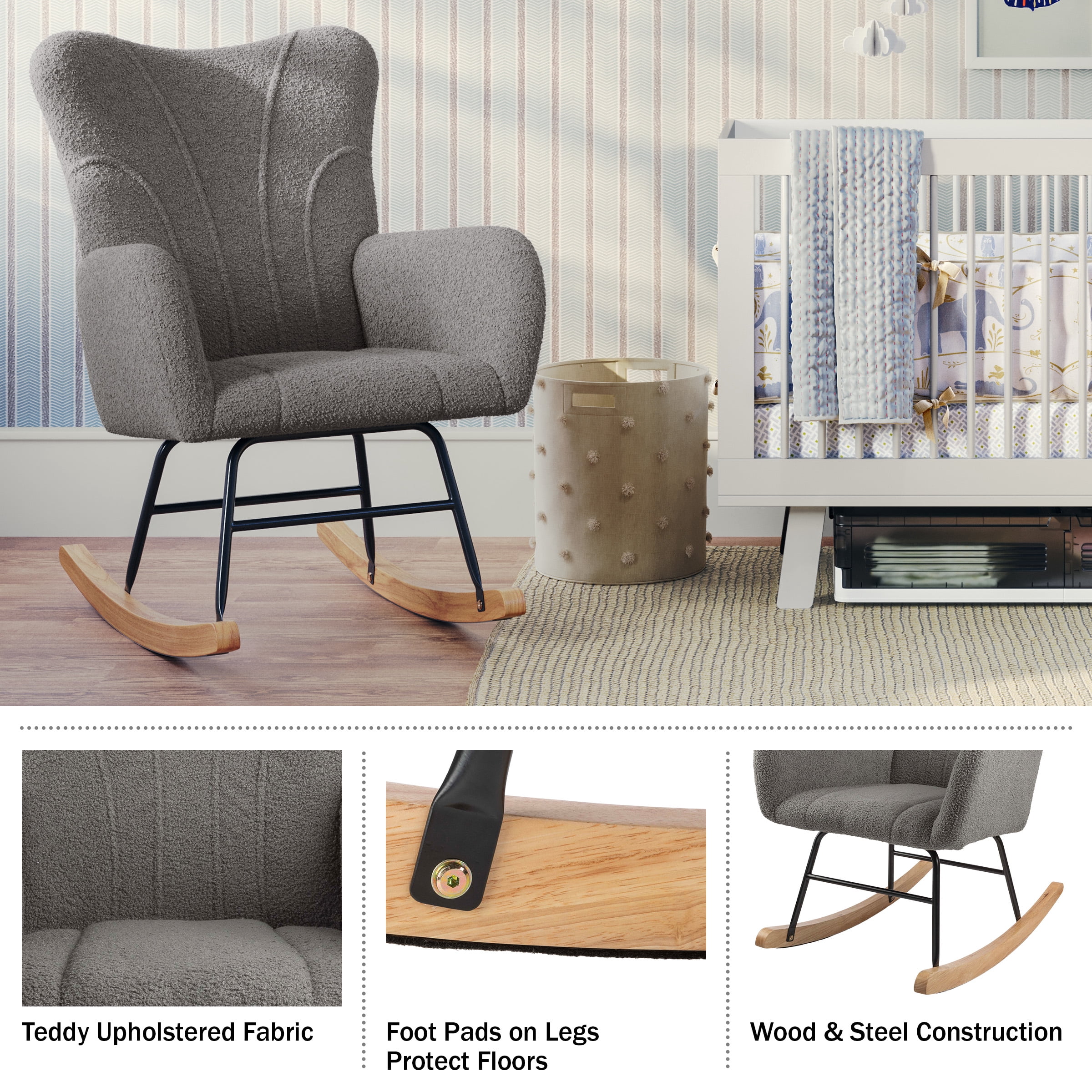 Lavish Home Teddy Upholstered Rocking Chair for Bedroom (Gray)