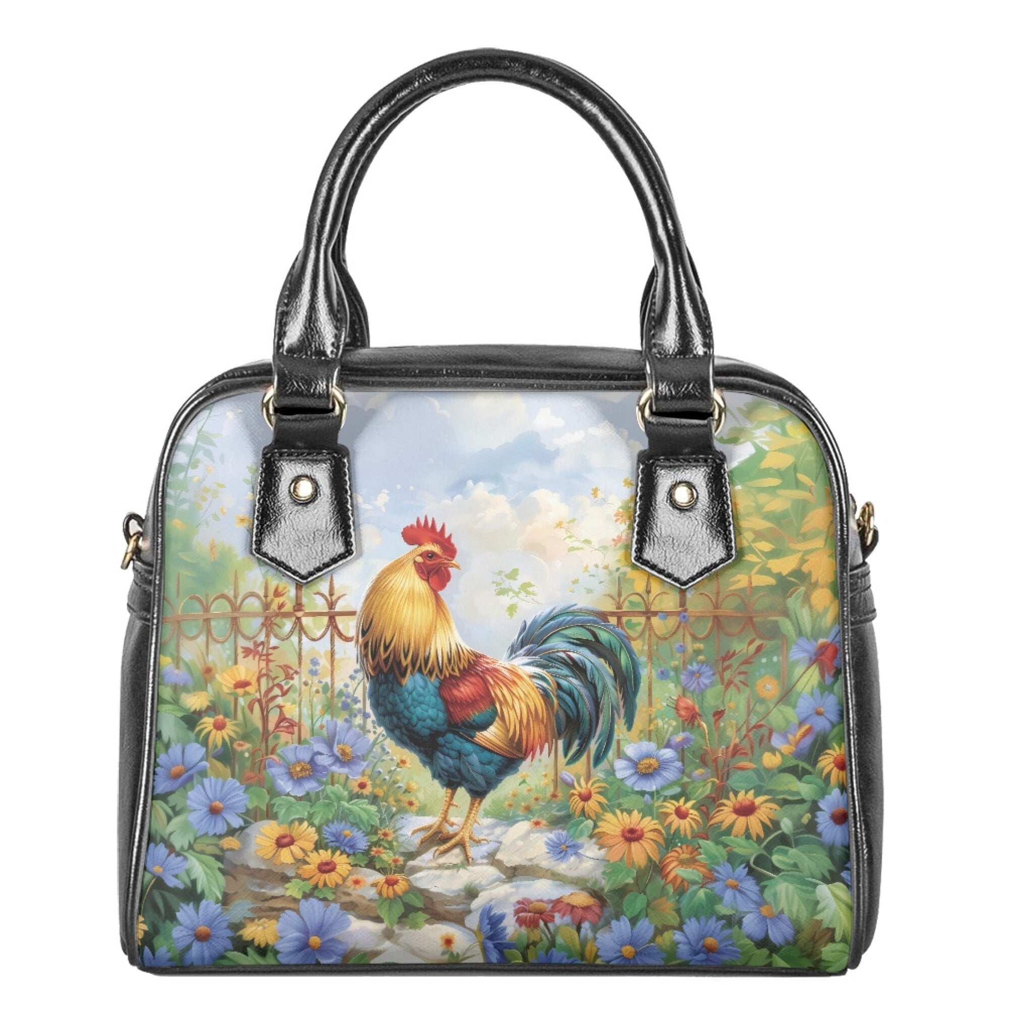 Tutolipy Rooster Flower Printed Satchel Purse and Handbag with Top Handle for Women Girls, Crossbody Shoulder Bag Clutch Handbag for Shopping, Blue