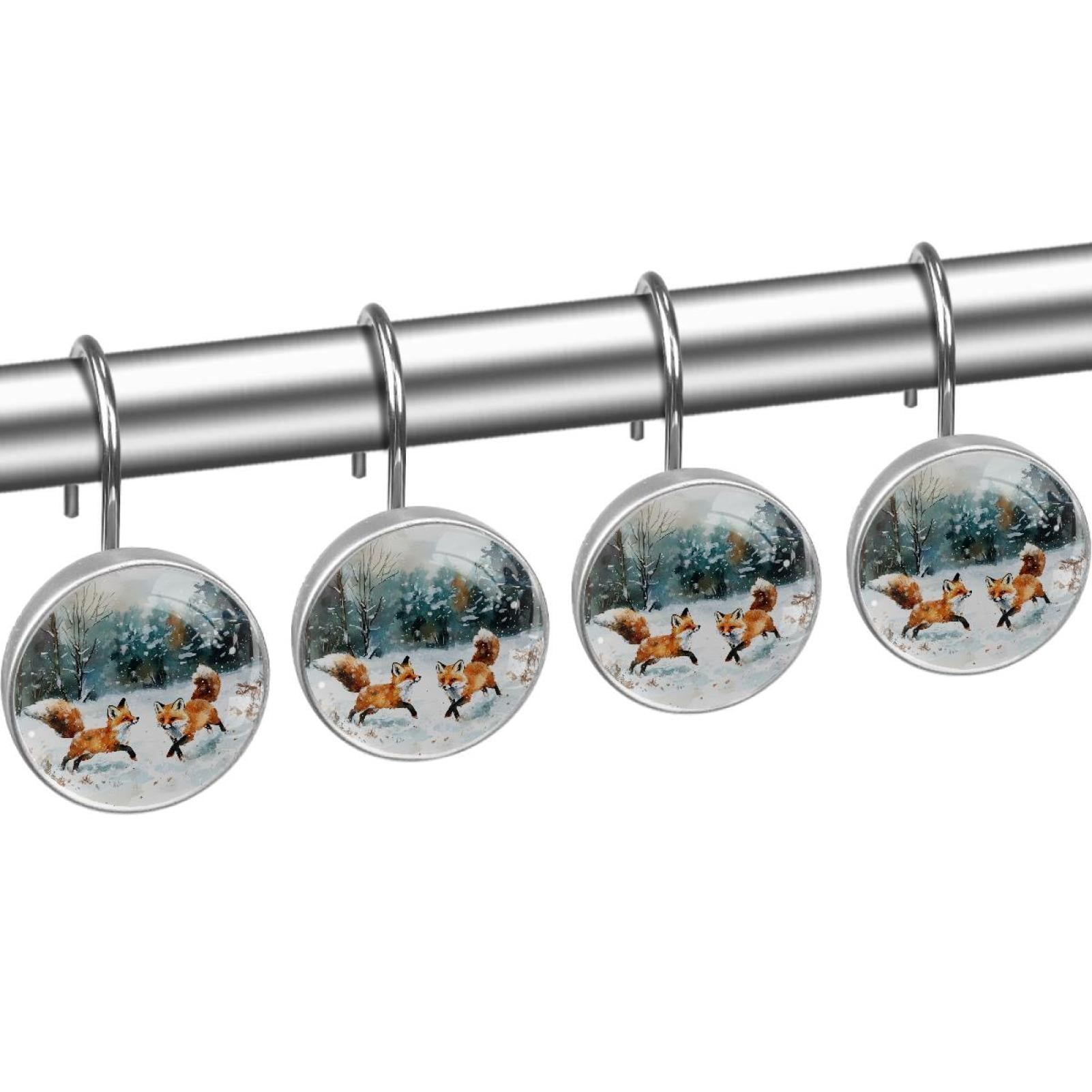 Snow Forest Foxes Shower Curtain Hooks Round Crystal Glass, Set of 12 Shower Curtain Rings - Shower Hooks for Curtain Shower Rings