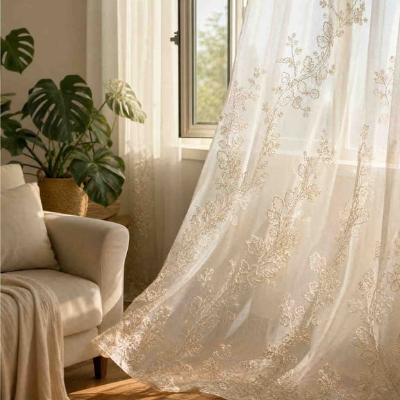 Cadancy Floral Embroidered Sheer Curtains Rod Pocket Voile Drapes Botanical Vine Pattern Living Room Bedroom Window Treatment Light Filtering Privacy Panel Boho Farmhouse Decor Tulle Fabric