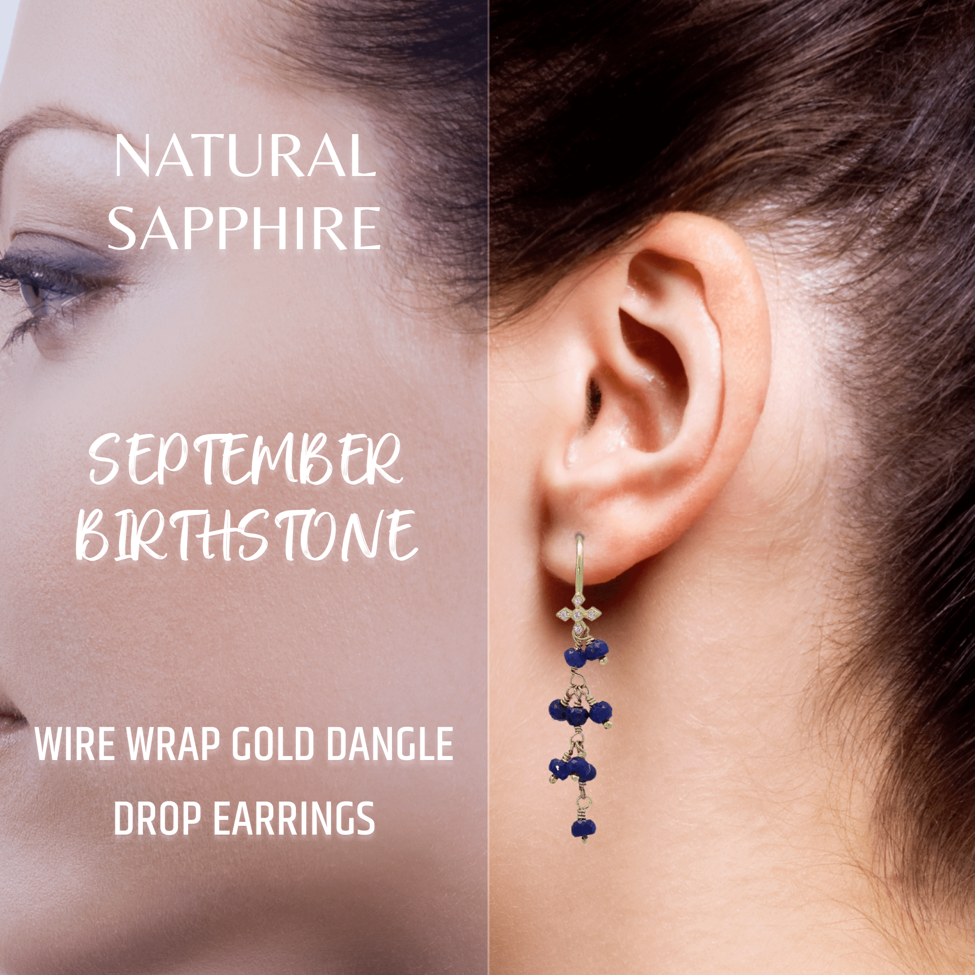 ABSHEL Blue Sapphire Earring - Wire Wrap Dangle - 925 Sterling Silver 18K Gold Plated.