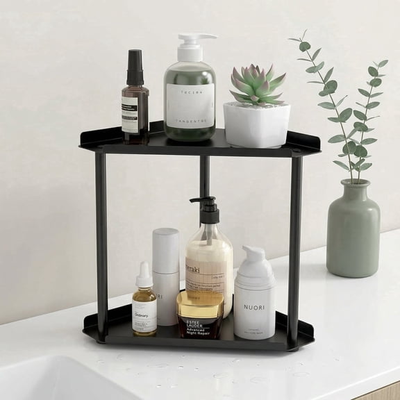 2-Tier Metal Corner Countertop Organizer - Bathroom Storage Shelf with Guardrails, Space-Saving for Kitchen & Bathroom