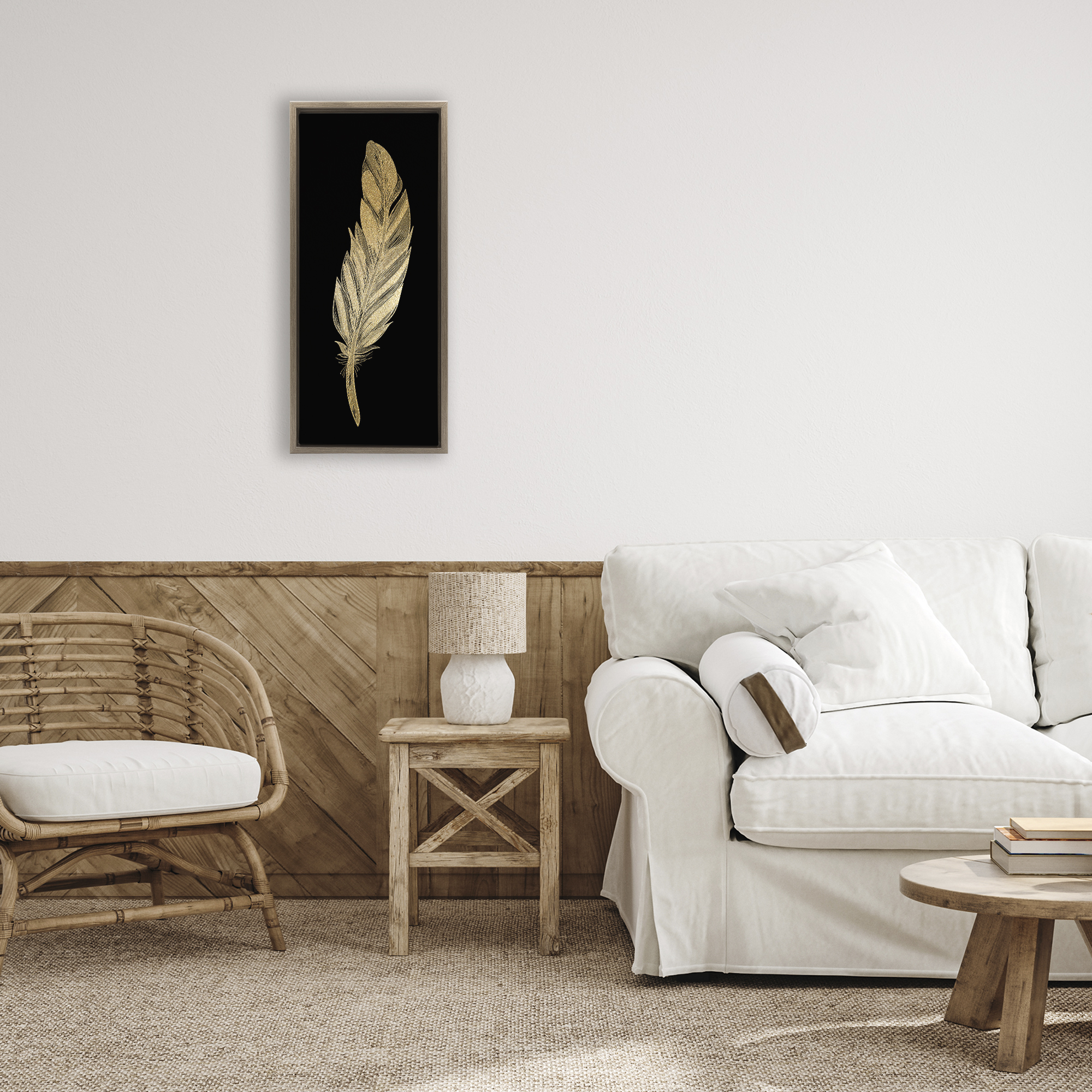 Glam Feather Black & Gold Brown Framed Floater Canvas Wall Art, design by Kim Allen