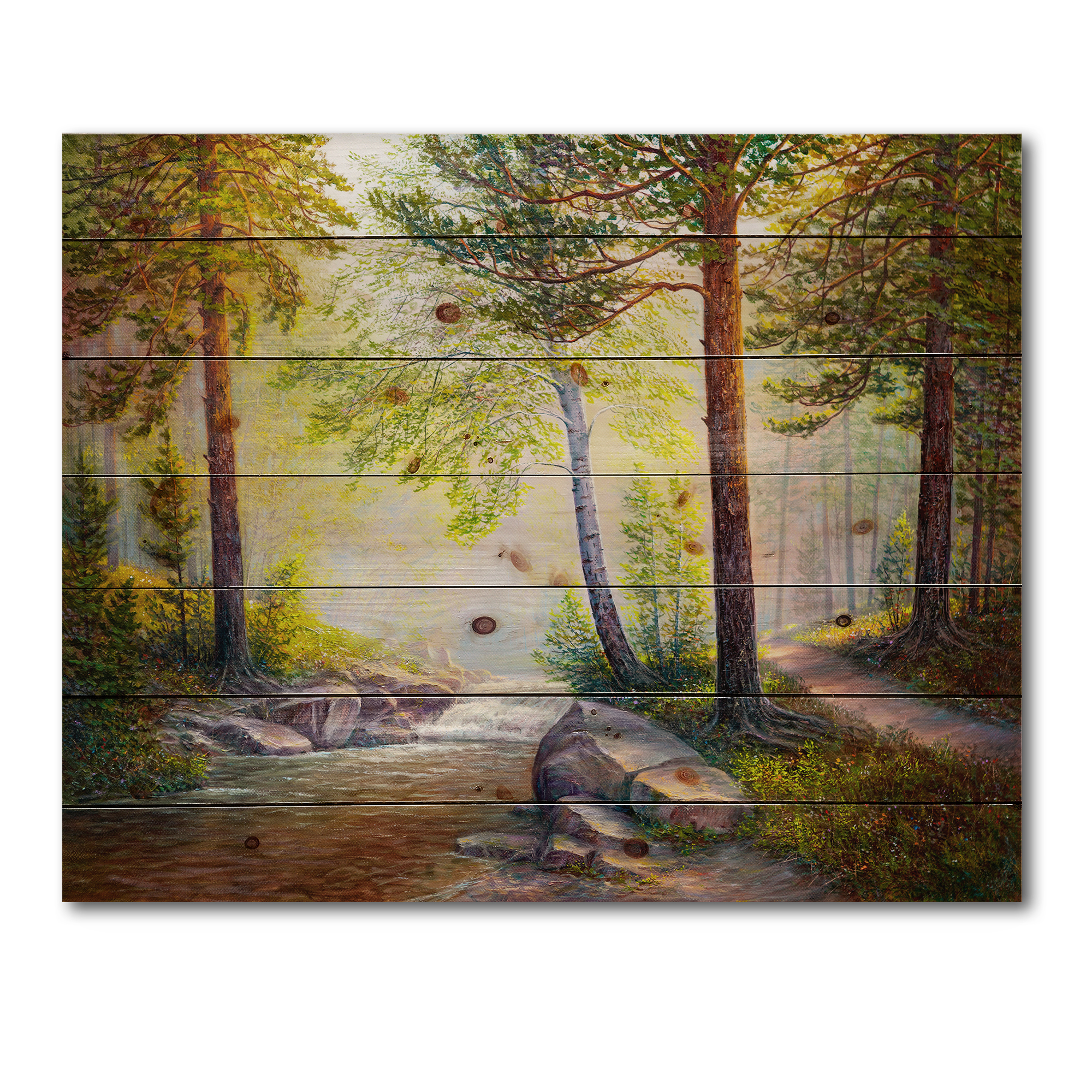 Designart 'Afternoon Light Through The Forest Trees' Traditional Print on Natural Pine Wood