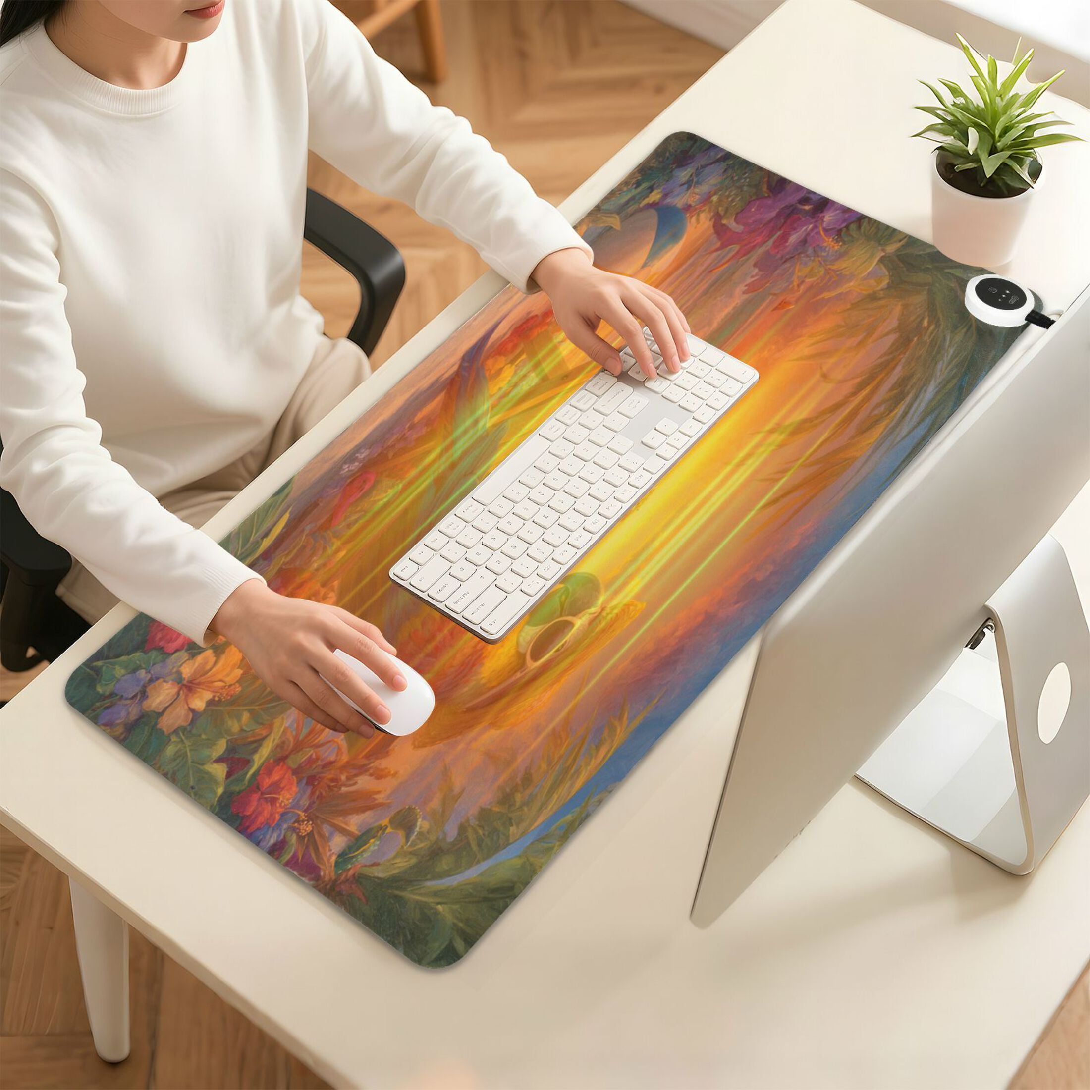 Wobogo Beach Parrot Heated Mouse Pad Extra-Large Desk Mat With 3 Heating Levels and 3-hour Auto Shut-Off Protection Ideal for Computer Keyboards Home Office Hand-warming Essential 31.5in × 13in