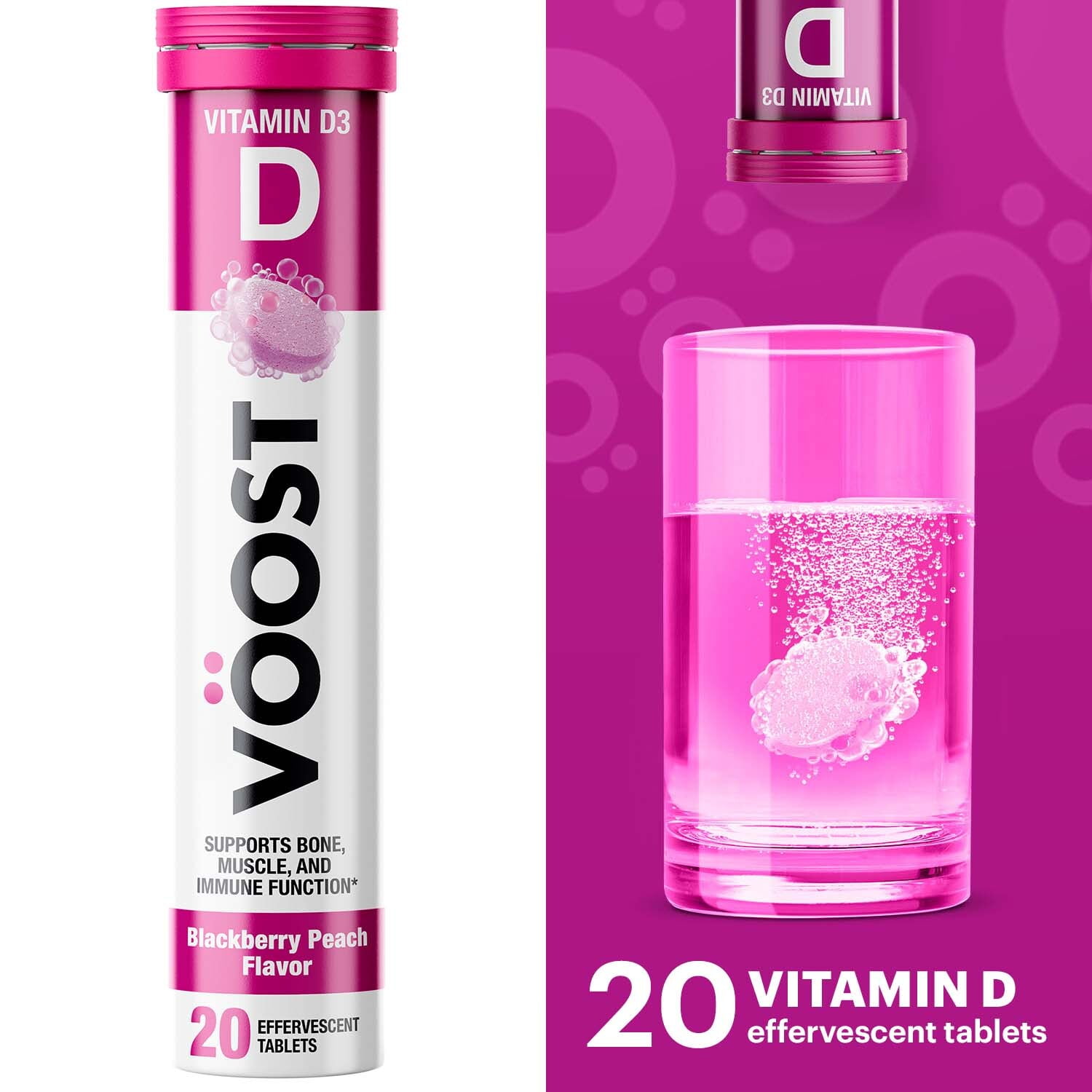 Voost Vitamin D Vitamin Supplement, Effervescent Vitamin Drink Tablet, Blackberry Peach, 20 Ct