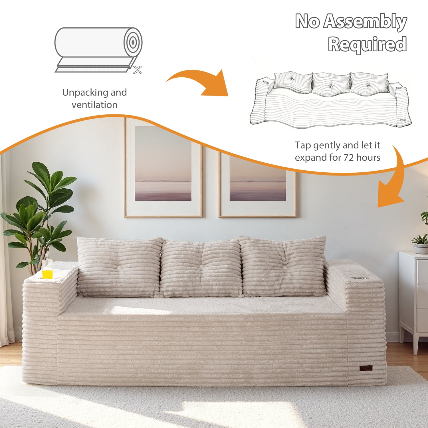 BYBYME 78.7" Corduroy Cloud Floor Sofa,Modular Comfy Small Cloud Couch for Small Spaces,Boneless Sofa for Living Room,No Assembly,3-Seater,Grey