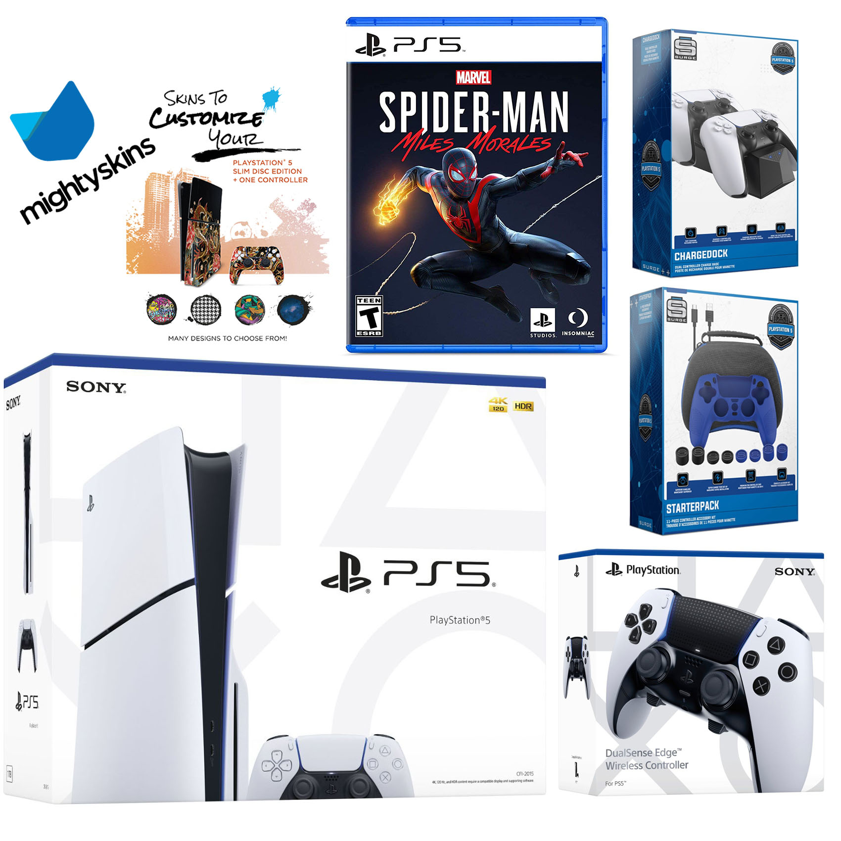 Sony Playstation 5 Slim Disc Bundle with Spider-Man: Miles Morales, Extra EDGE Controller, Pro Gamer Kit, Dual Charge Dock and MightySkins Decal Voucher