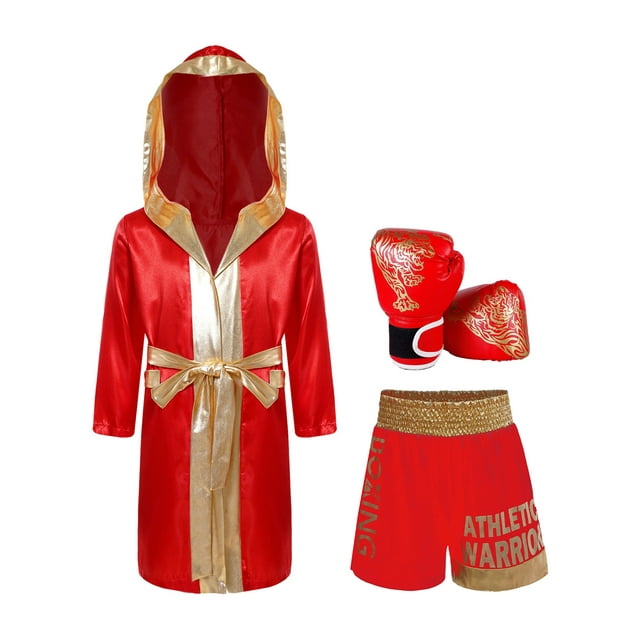 Moggemol Kids Girls Boys Boxer Clothes Boxing Robe And Print Shorts Gloves Set For Mma Kickboxing Red 14