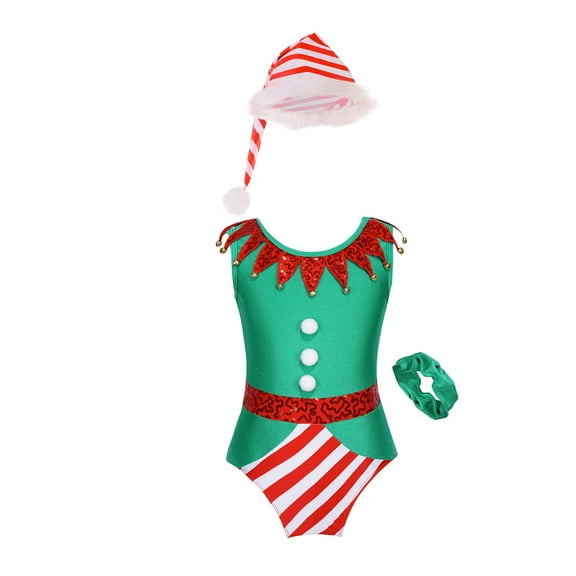 TSSOE Kids Girls Christmas Elf Dance Clothes Gymnastics Leotard with Headband Hat Set for Figure Ice Skating Green 4
