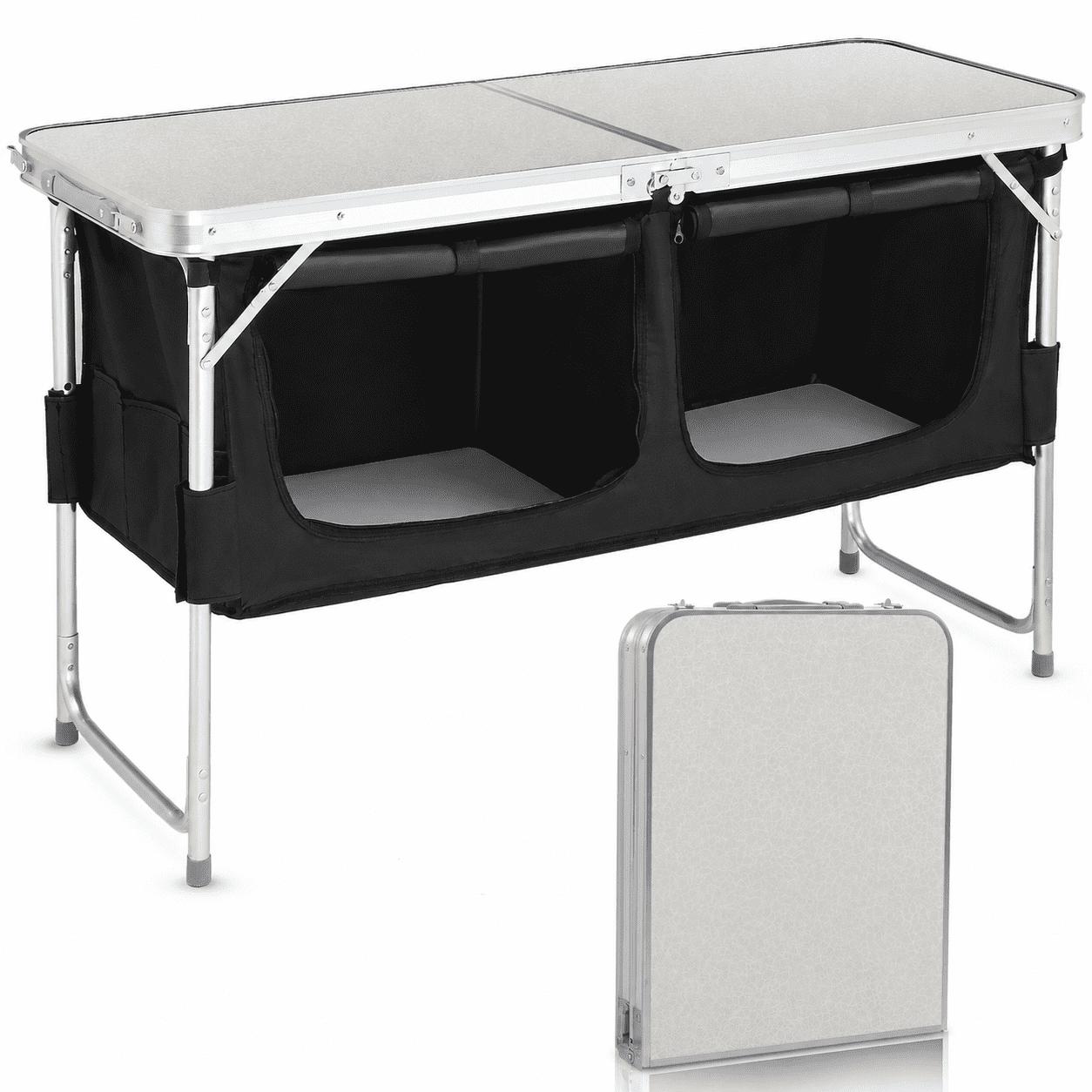 4FT Portable Folding Camping Table with Storage, Aluminum Outdoor Cooking Station with 2 Adjustable Legs, Black