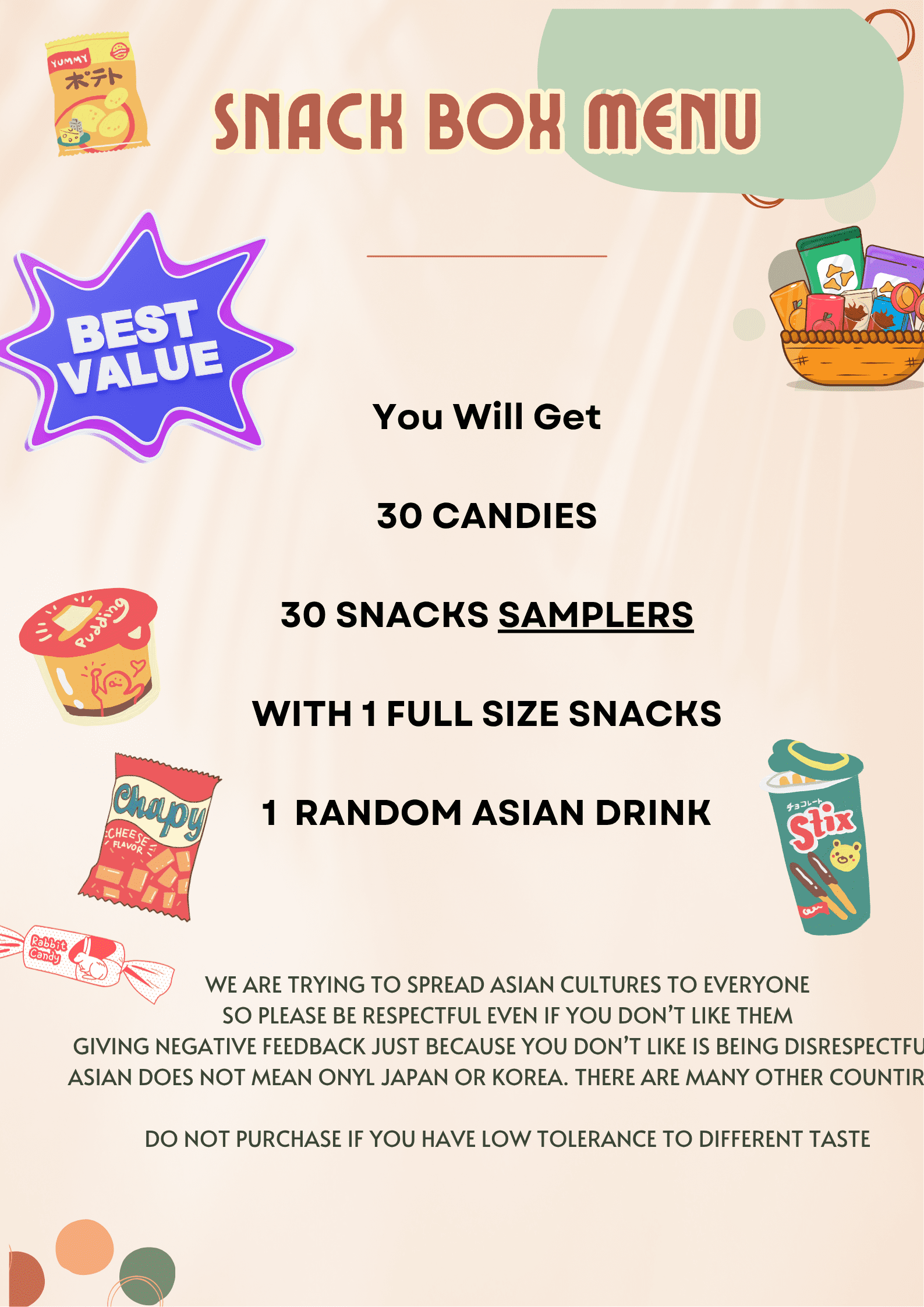 Asian Snack Box (60 Mixes + 1 Full Size +1 Drink) – Japanese Korean Chinese Candy Mix, Chips, Cookies & Savory Snacks Sampler Gift Set