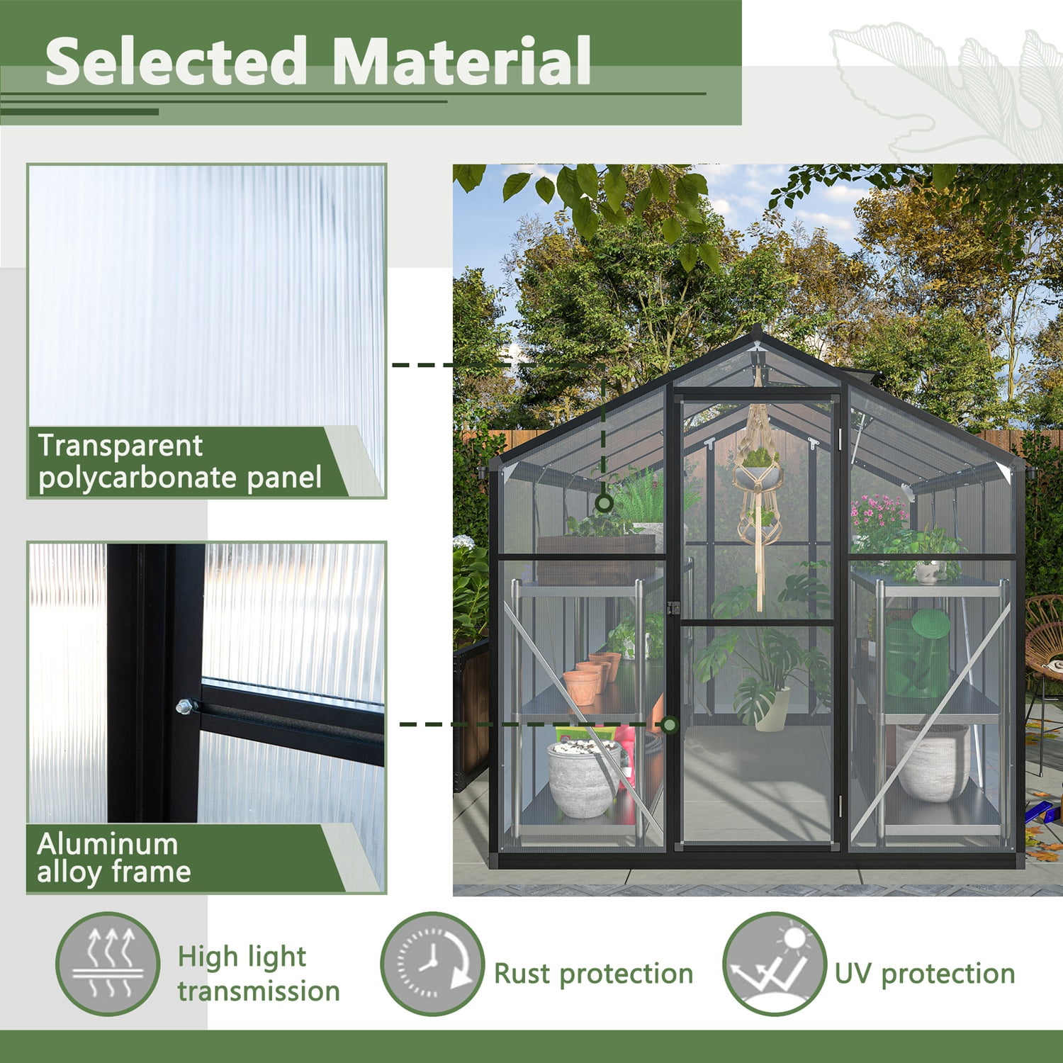 DetalleGo 6x8 FT Polycarbonate Greenhouse with Aluminum Frame, Adjustable Roof Vents, Lockable Door & Rainwater Collection for Backyard Gardening