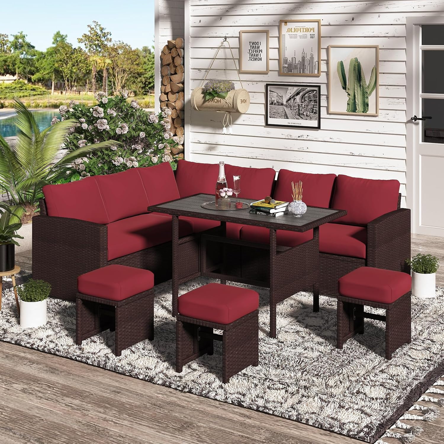 AECOJOY Outdoor Furniture Set, 7-Piece Rattan Wicker Patio Dining Conversation Set, Wine Red