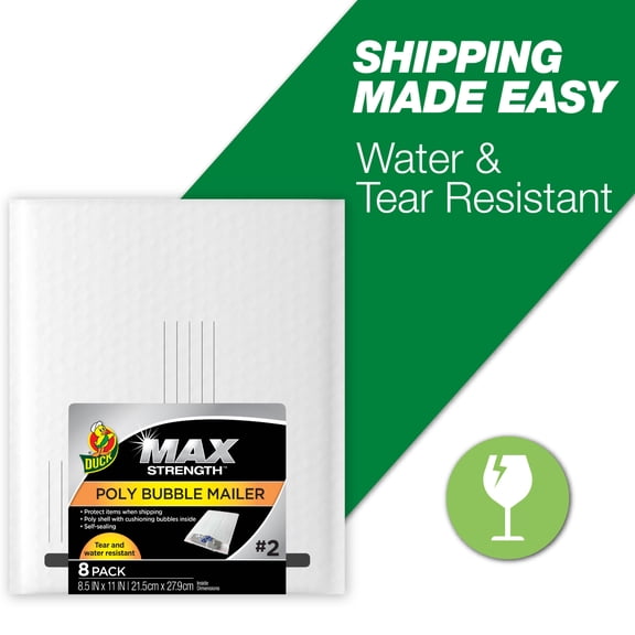 Duck Max Strength Self-Sealing Big Bubble Poly Mailer #2, 8.5" x 11", Solid Print, 8 Pack
