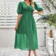 thumbnail image 4 of Vestido de Verano de Manga Corta para Mujeres de Moda Cómodo Vestido de Cuello en V de Color Sólido, Poliéster, 4 of 9