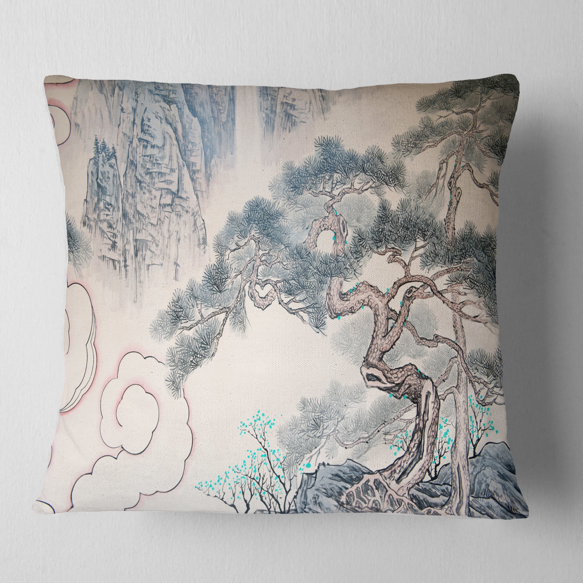 Designart Chinese Blue Tree Art - Floral Painting Throw Pillow - 18x18