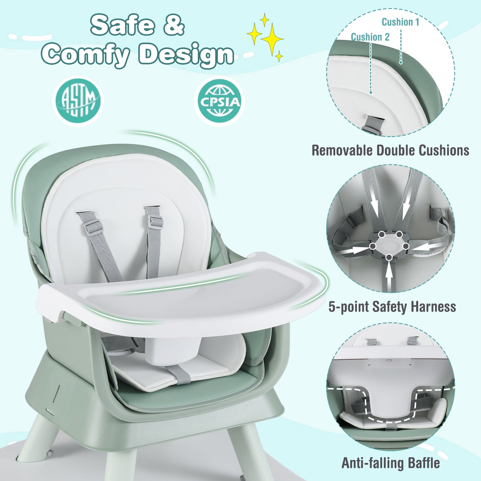 Infans 8-in-1 Baby High Chair w/ Double-layer Cushions Multifunctional Toddler Black