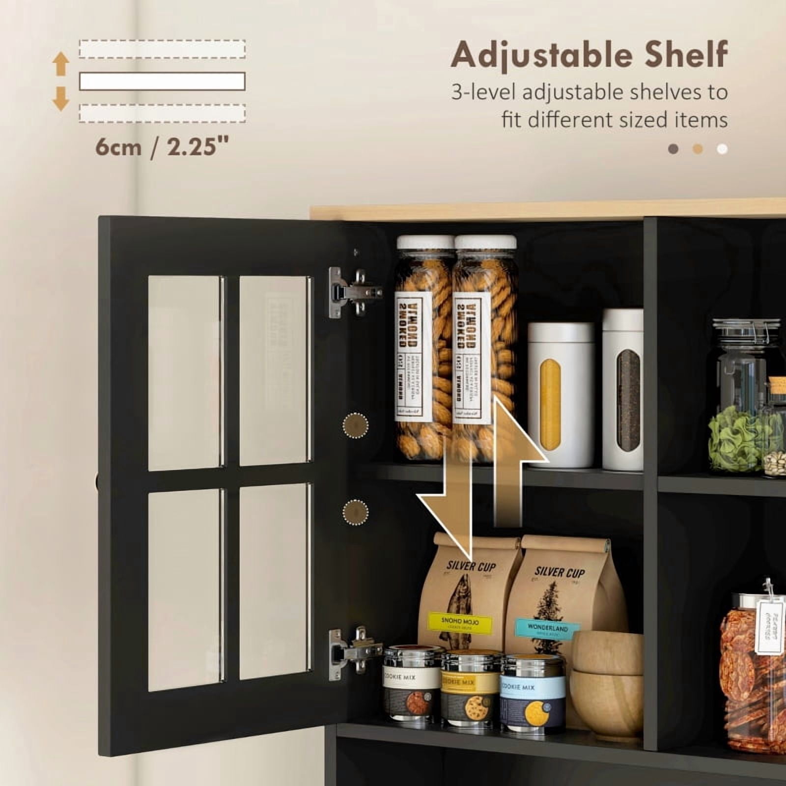 Alvantor Kitchen Pantry Storage Cabinet with Glass Doors, Hutch Countertop & Adjustable Shelves 31.5"x 14.5"x 72" Black