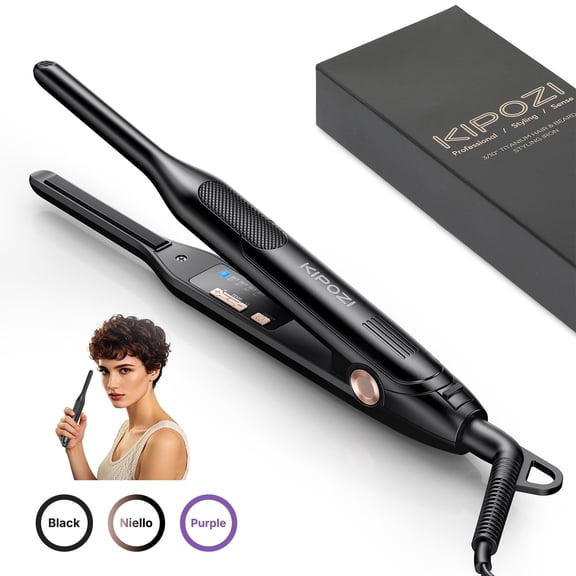 Kipozi Mini Flat Iron for Short Hair & Edges, 3/10" Small Hair Straightener for Pixie Cuts, Bangs, Anti-Pinch Curling & Styling Iron, Small Travel Straightener Iron, Black Gold