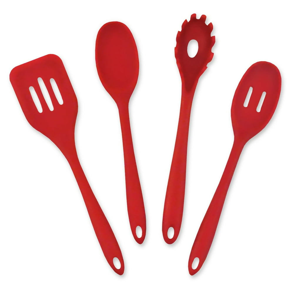 Red 4 piece kitchen cooking set includes 1 slotted turner, 1 slotted