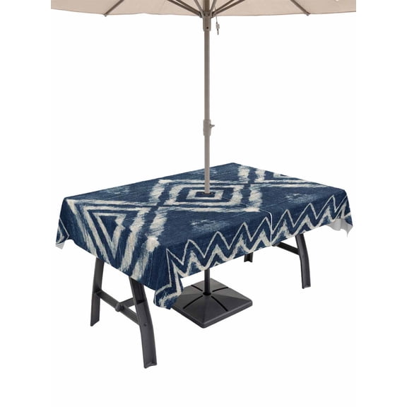 Outdoor Tablecloths with Umbrella Hole & Zipper, Navy Blue Rectangle Tablecloth 60x120 Inch, Vintage Tribal Abstract Geometric Tie Dye Art Waterproof Table Cloth, Patio/Pool/Picnic Table Covers