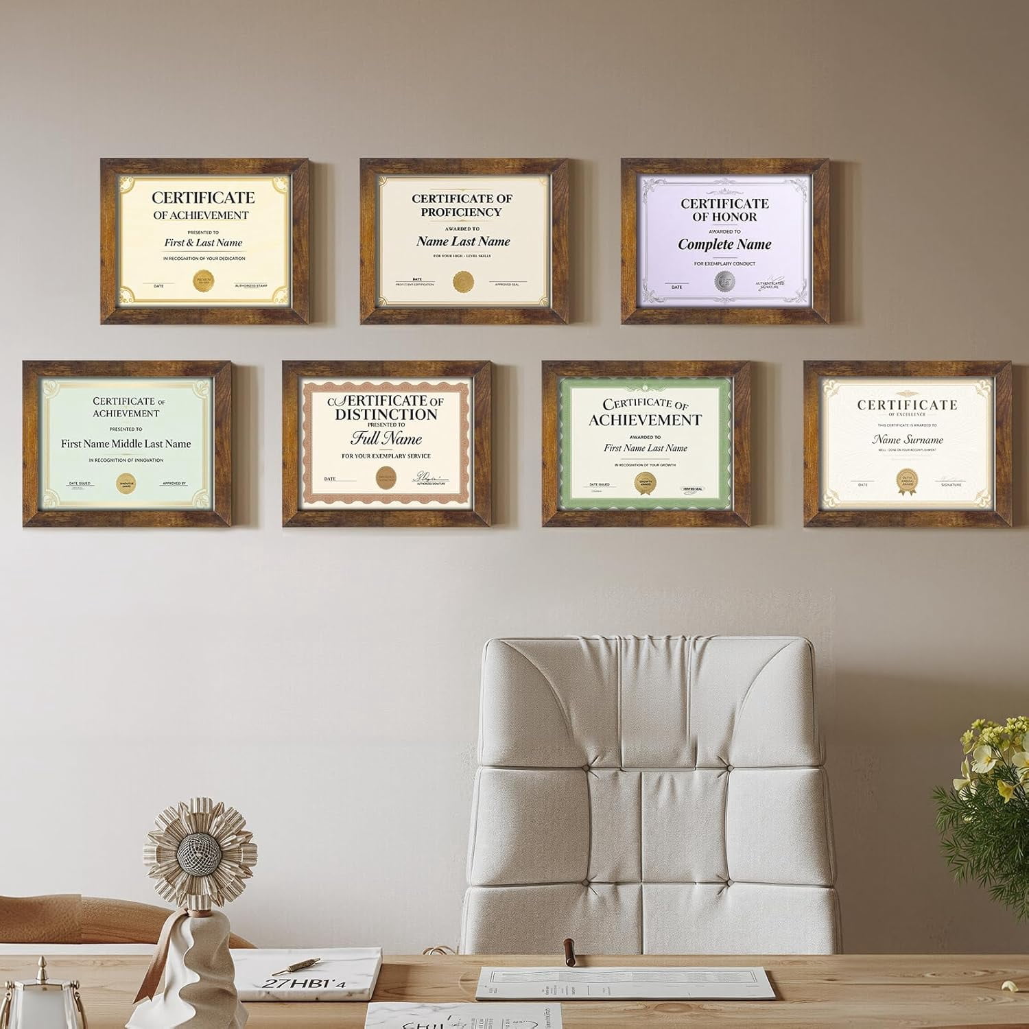 8.5x11 Picture Frame Set of 7, Award Certificate Diploma Document Bulk 8.5 by 11 College Frames for Wall or Tabletop Display, Brown