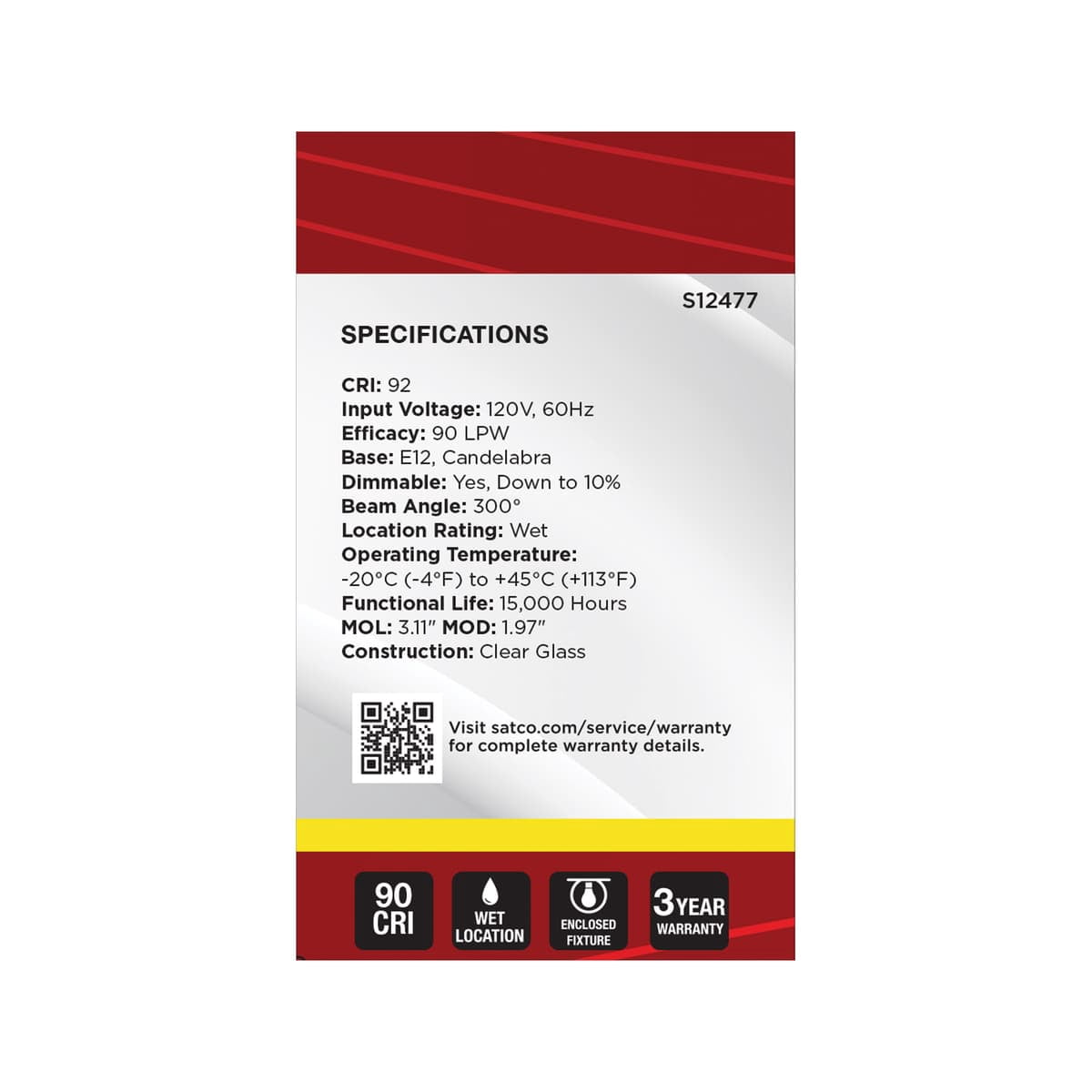 Satco S12477 G16.5 Globe LED Filament Light Bulbs 5.5W 120V 3500K 90+CRI E12 Candelabra Base Dimmable WET Location (6 Pack)