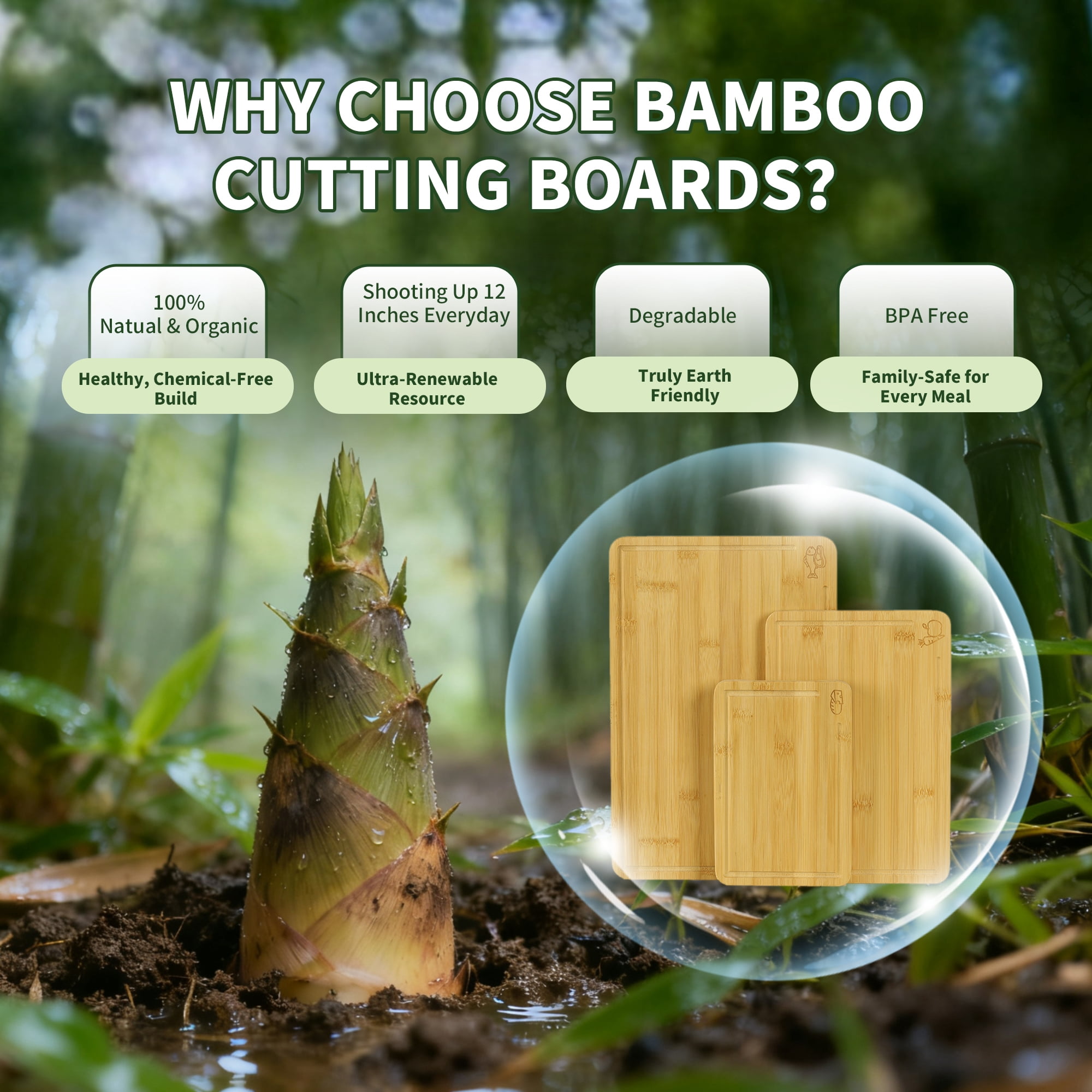 Bamboohomie Bamboo Cutting Board Set of 3 with Stand and Juice Groove, Non-Toxic Chopping Boards for Kitchen, Natural