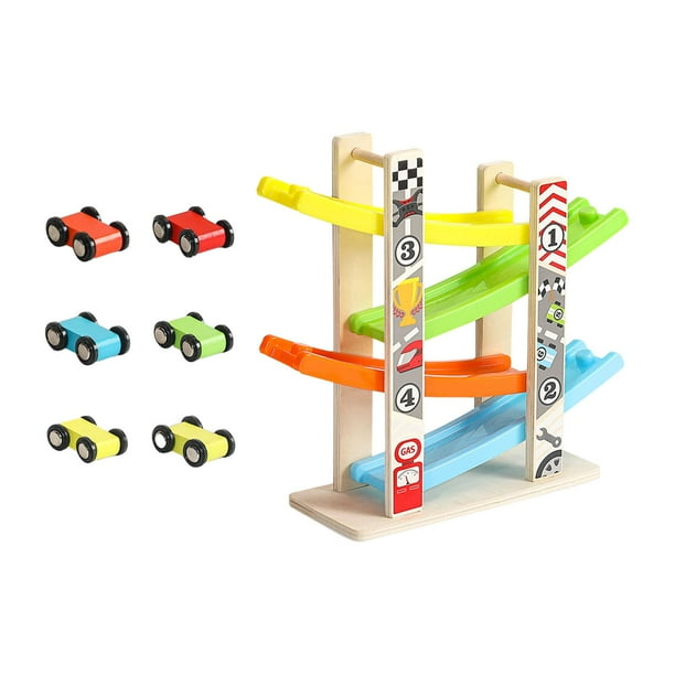 Rampa de pista de madera para coches de carreras, juego de vehículos para niños, juguetes de ocio 4 pistas