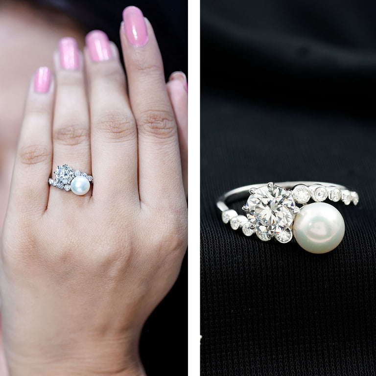 Rosec Jewels Genuine Pearl Moissanite Toi Et Moi Engagement Ring