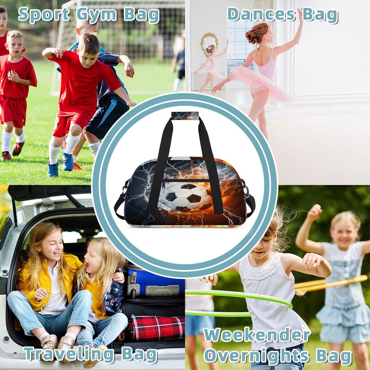 Herdesigns Soccer Ball Fire And Water Sports Duffle Bag for Women & Men, Gym Bag Dance Bag Overnight Bag Carry On Weekender Travel Bag